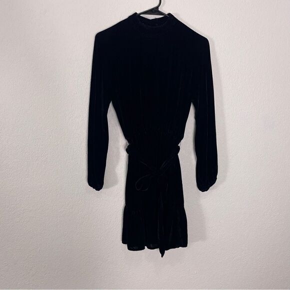 Cloth & Stone Anthropologie Black Ribbed Velour Mock Neck Long Sleeve Mini Dress - Picture 1 of 10